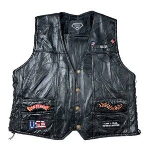 Diamond Plate Rock Design Buffalo Leather Motorcycle Biker Vest w Patches XL